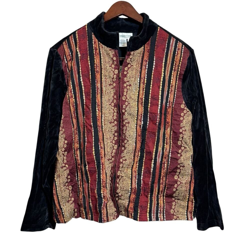 Coldwater Creek Women’s 2X Zip Jacket Coat Red Black Stripe Tapestry Velvet
